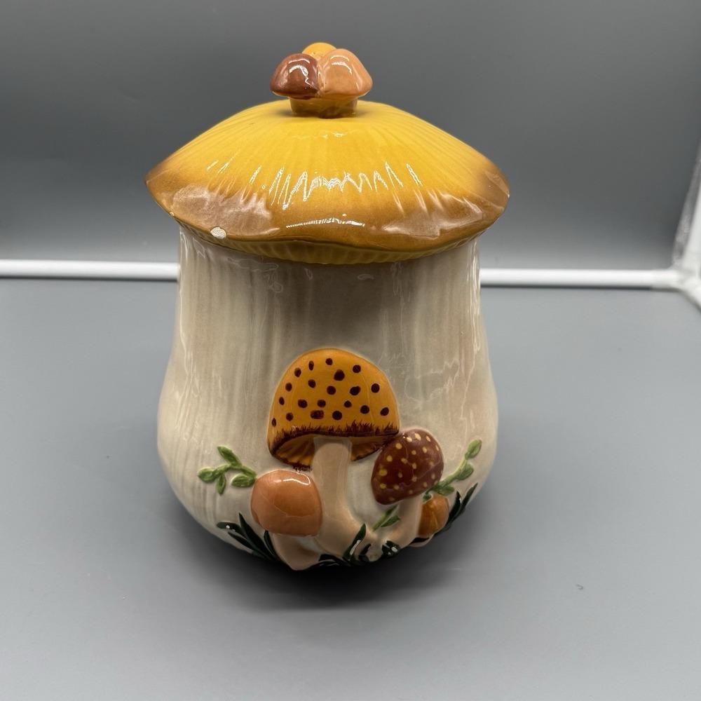 Vintage Mushroom Canister Jar 1970s Retro Cookie Jar Merry Mushroom Style 11"